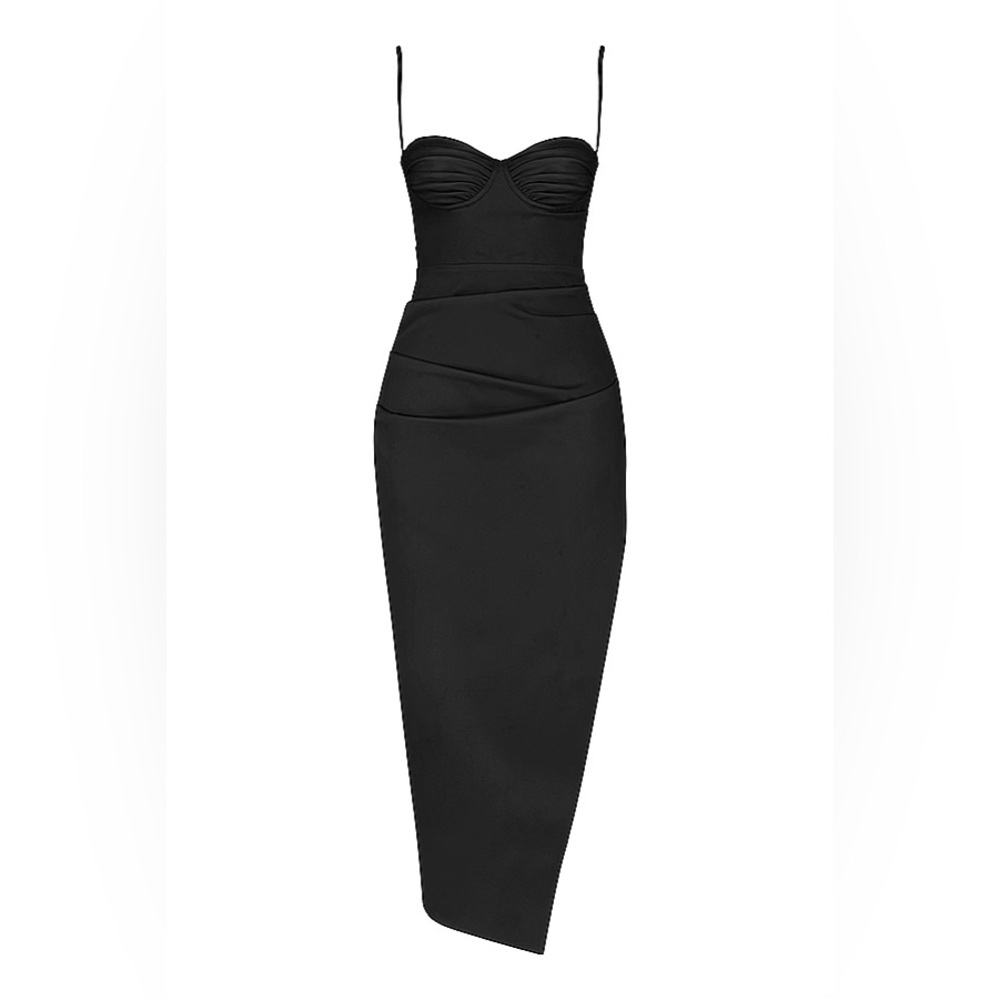 House of CB Flora Black Satin Pleated Corset Midi Dress - Picture 6 of 12